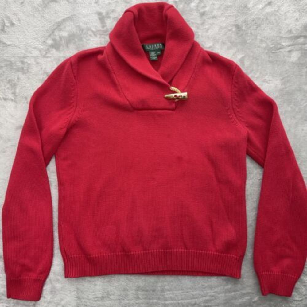 Ralph Lauren Sweater Womens Petite Small Red Cable Knit Cowl Gold Clasp Cotton